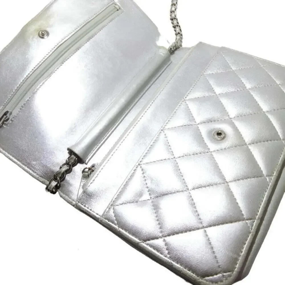 CHANEL Lambskin Quilted Wallet On Chain WOC Silver 15*